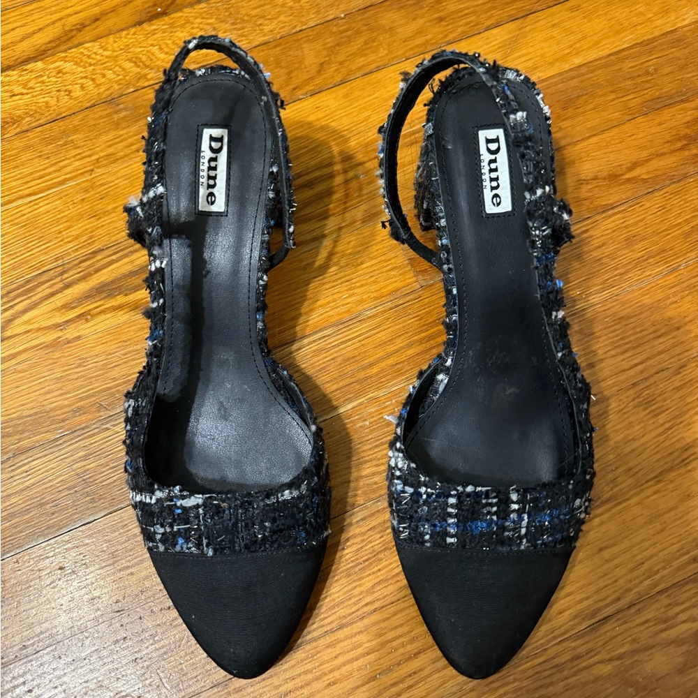Dune London Black and Blue Tweed Slingback Heels